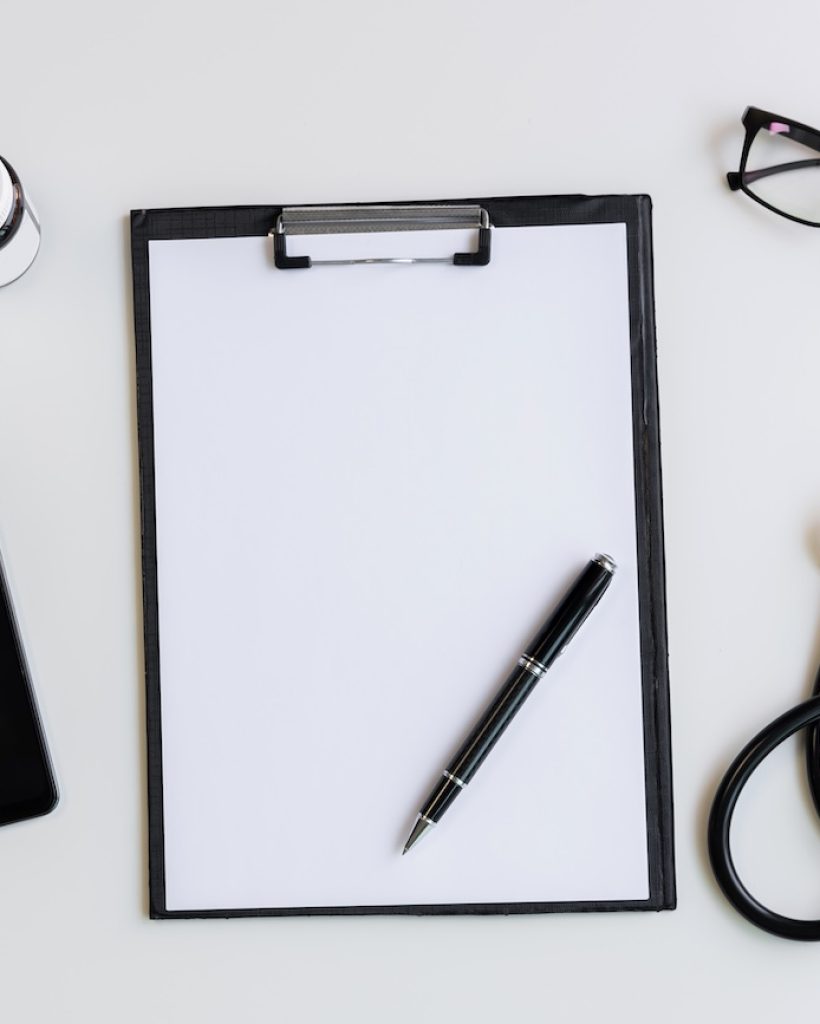 Stethoscope with clipboard and medicine, Top view, copy space, Healthcare concept